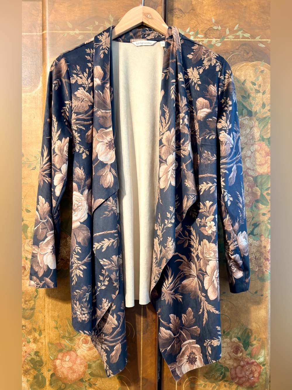 Soft Surroundings Black and Cream Floral Waterfall Cardigan
